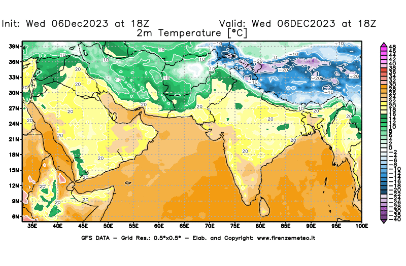 GFS analysi map - Temperature at 2 m above ground in South West Asia 
									on December 6, 2023 H18