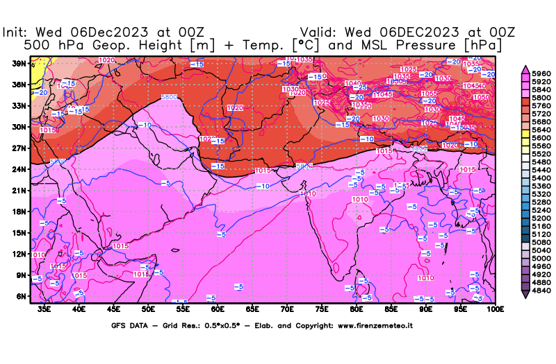 GFS analysi map - Geopotential + Temp. at 500 hPa + Sea Level Pressure in South West Asia 
									on December 6, 2023 H00