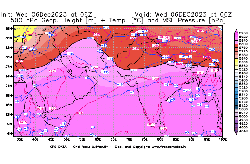 GFS analysi map - Geopotential + Temp. at 500 hPa + Sea Level Pressure in South West Asia 
									on December 6, 2023 H06
