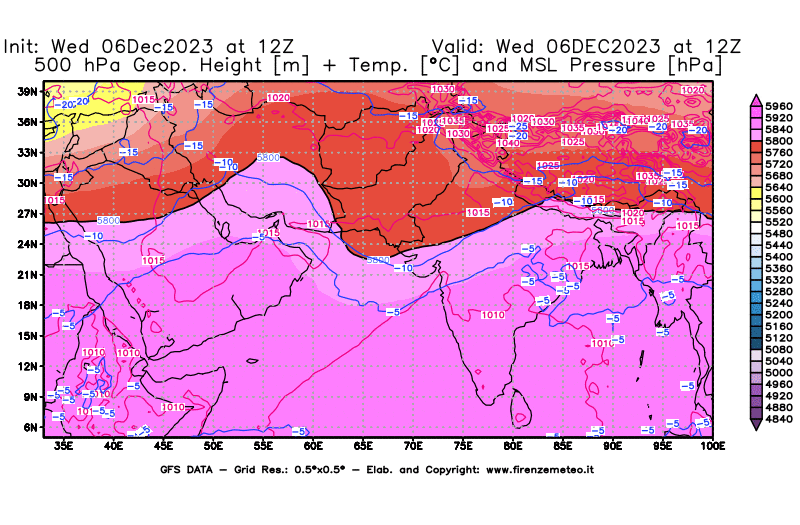 GFS analysi map - Geopotential + Temp. at 500 hPa + Sea Level Pressure in South West Asia 
									on December 6, 2023 H12