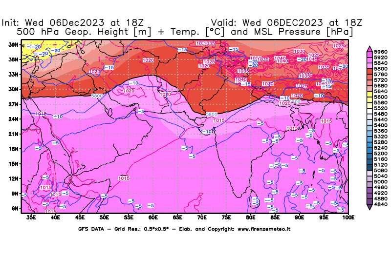 GFS analysi map - Geopotential + Temp. at 500 hPa + Sea Level Pressure in South West Asia 
									on December 6, 2023 H18
