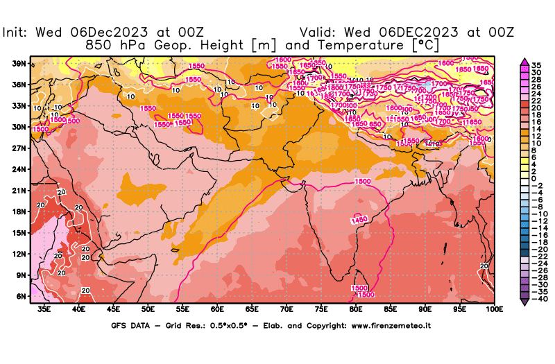 GFS analysi map - Geopotential and Temperature at 850 hPa in South West Asia 
									on December 6, 2023 H00