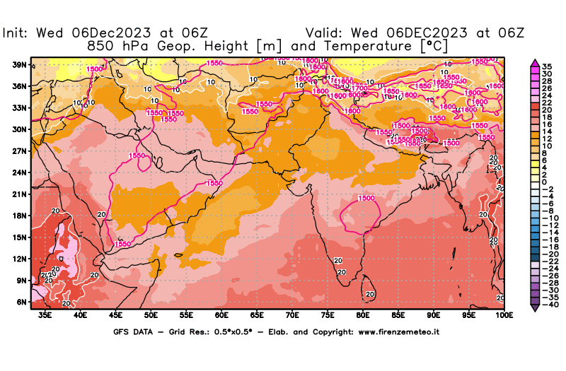 GFS analysi map - Geopotential and Temperature at 850 hPa in South West Asia 
									on December 6, 2023 H06