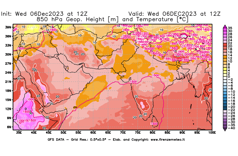 GFS analysi map - Geopotential and Temperature at 850 hPa in South West Asia 
									on December 6, 2023 H12