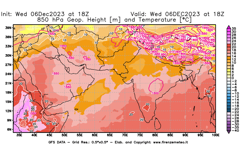 Mappa di analisi GFS - Geopotenziale e Temperatura a 850 hPa in Asia Sud-Occidentale
							del 6 dicembre 2023 z18