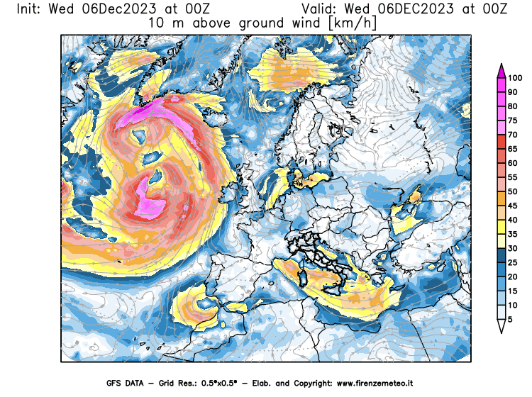 Mappa di analisi GFS - Velocità del vento a 10 metri dal suolo in Europa
							del 6 dicembre 2023 z00