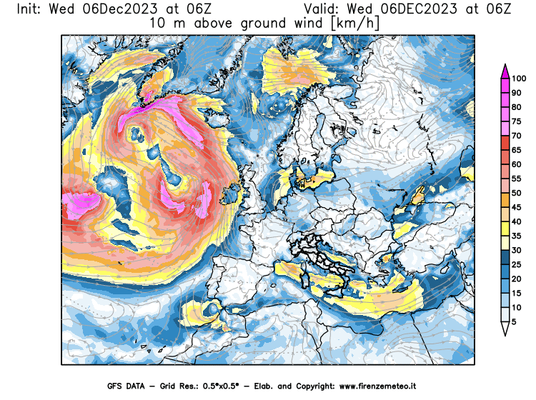 Mappa di analisi GFS - Velocità del vento a 10 metri dal suolo in Europa
							del 6 dicembre 2023 z06