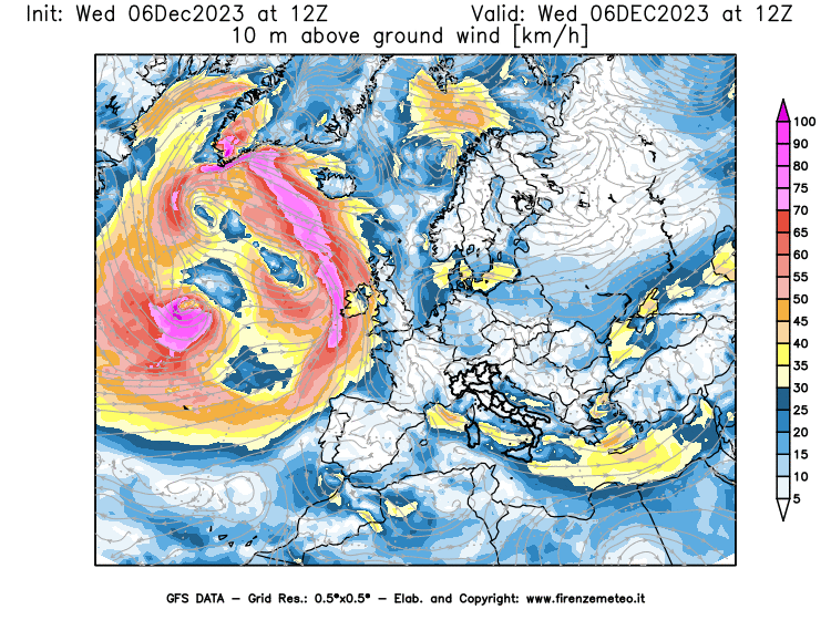 Mappa di analisi GFS - Velocità del vento a 10 metri dal suolo in Europa
							del 6 dicembre 2023 z12