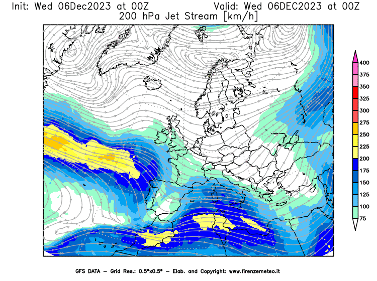 GFS analysi map - Jet Stream at 200 hPa in Europe
									on December 6, 2023 H00