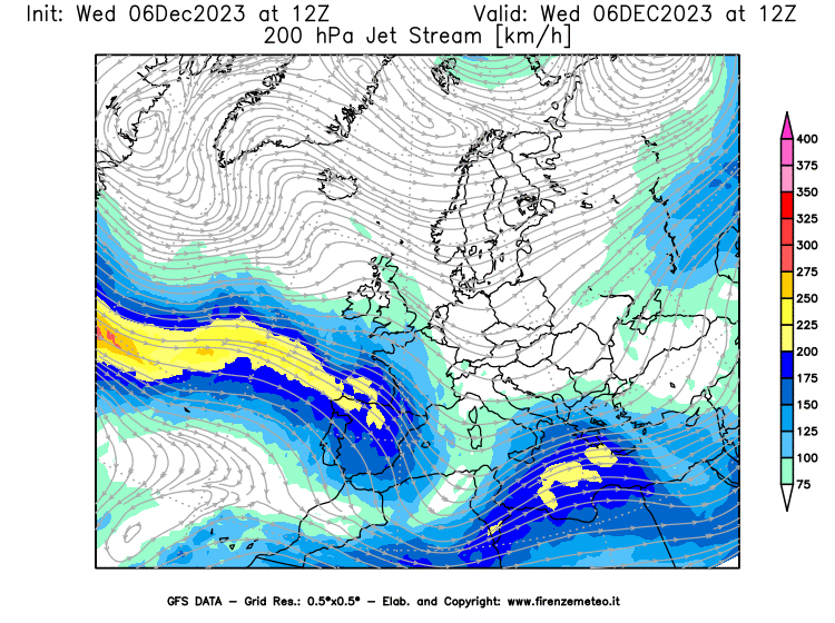 Mappa di analisi GFS - Jet Stream a 200 hPa in Europa
							del 6 dicembre 2023 z12