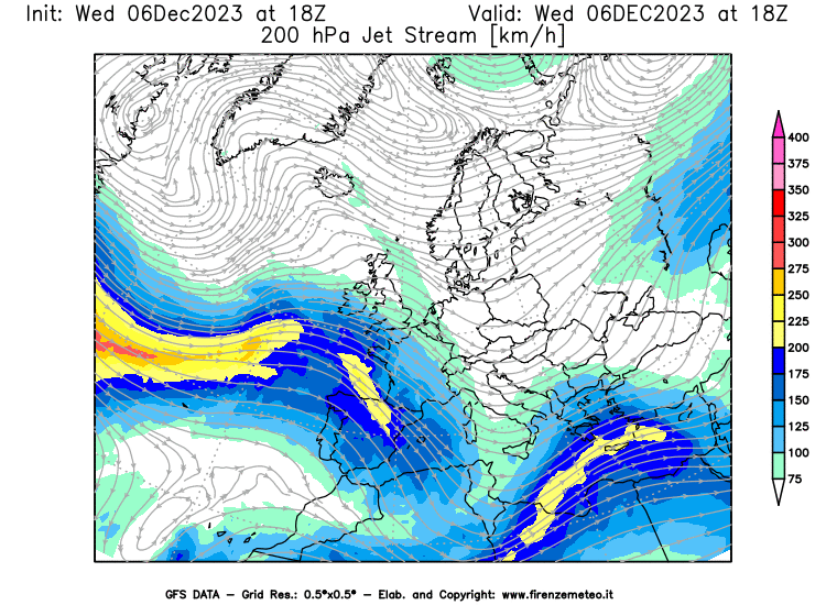 GFS analysi map - Jet Stream at 200 hPa in Europe
									on December 6, 2023 H18