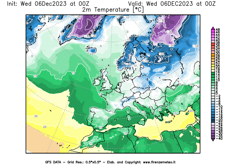 Mappa di analisi GFS - Temperatura a 2 metri dal suolo in Europa
							del 6 dicembre 2023 z00