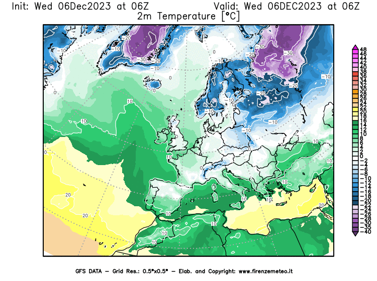 Mappa di analisi GFS - Temperatura a 2 metri dal suolo in Europa
							del 6 dicembre 2023 z06
