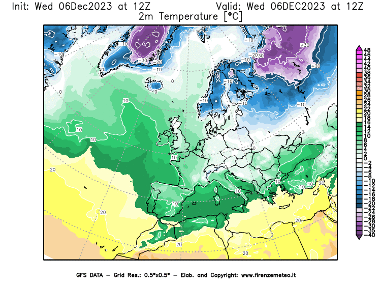 Mappa di analisi GFS - Temperatura a 2 metri dal suolo in Europa
							del 6 dicembre 2023 z12