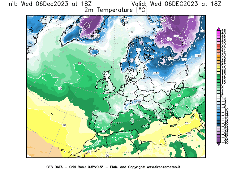 Mappa di analisi GFS - Temperatura a 2 metri dal suolo in Europa
							del 6 dicembre 2023 z18