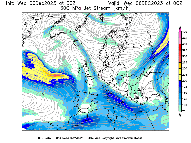 GFS analysi map - Jet Stream at 300 hPa in Europe
									on December 6, 2023 H00