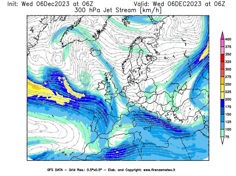 GFS analysi map - Jet Stream at 300 hPa in Europe
									on December 6, 2023 H06