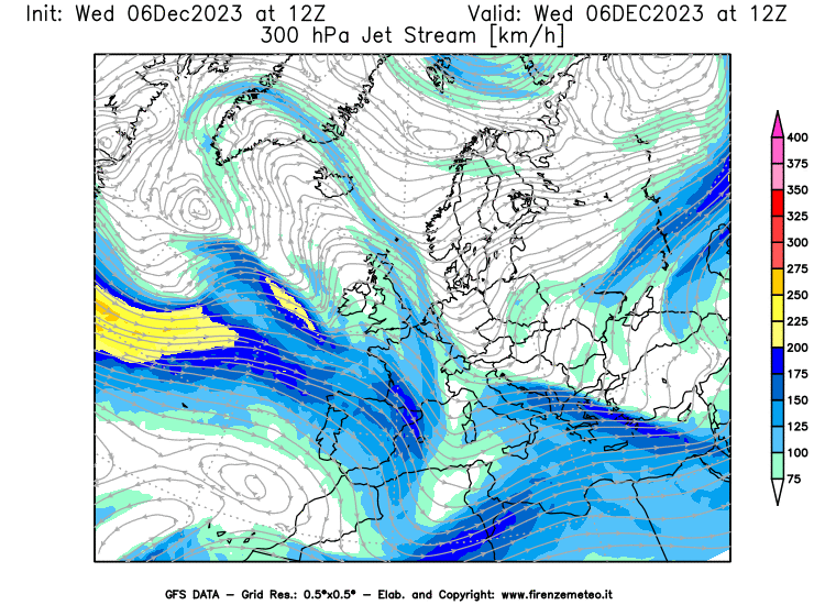 GFS analysi map - Jet Stream at 300 hPa in Europe
									on December 6, 2023 H12