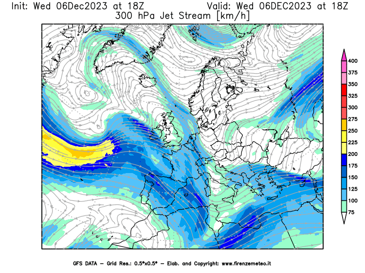 Mappa di analisi GFS - Jet Stream a 300 hPa in Europa
							del 6 dicembre 2023 z18