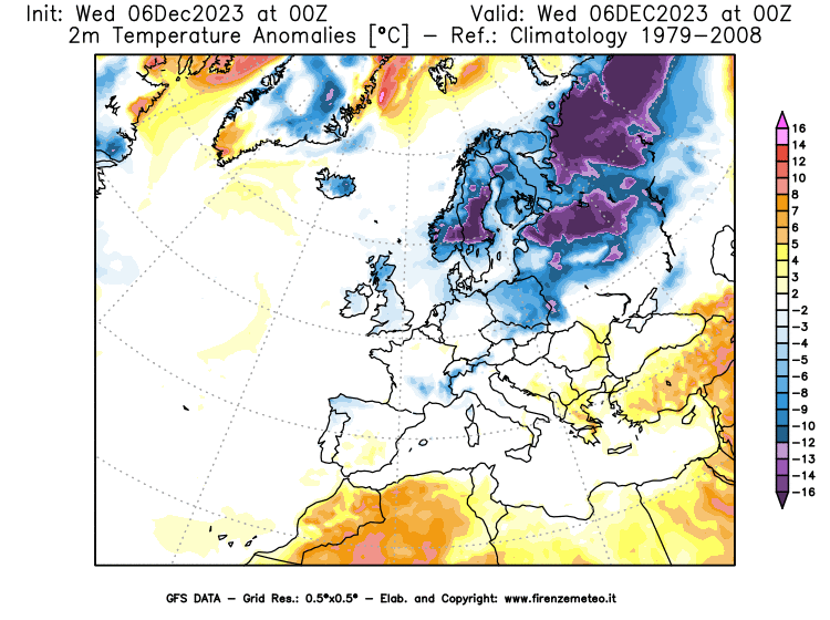 Mappa di analisi GFS - Anomalia Temperatura a 2 m in Europa
							del 6 dicembre 2023 z00