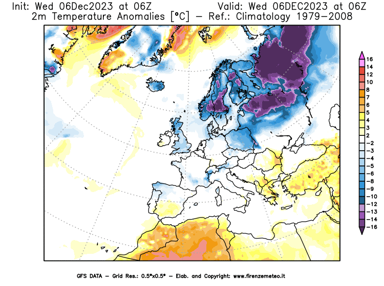 Mappa di analisi GFS - Anomalia Temperatura a 2 m in Europa
							del 6 dicembre 2023 z06