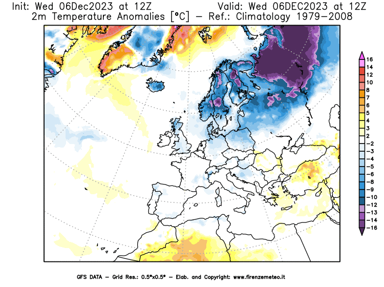 Mappa di analisi GFS - Anomalia Temperatura a 2 m in Europa
							del 6 dicembre 2023 z12