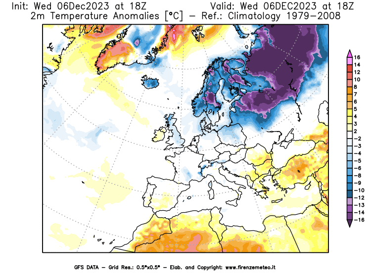 Mappa di analisi GFS - Anomalia Temperatura a 2 m in Europa
							del 6 dicembre 2023 z18