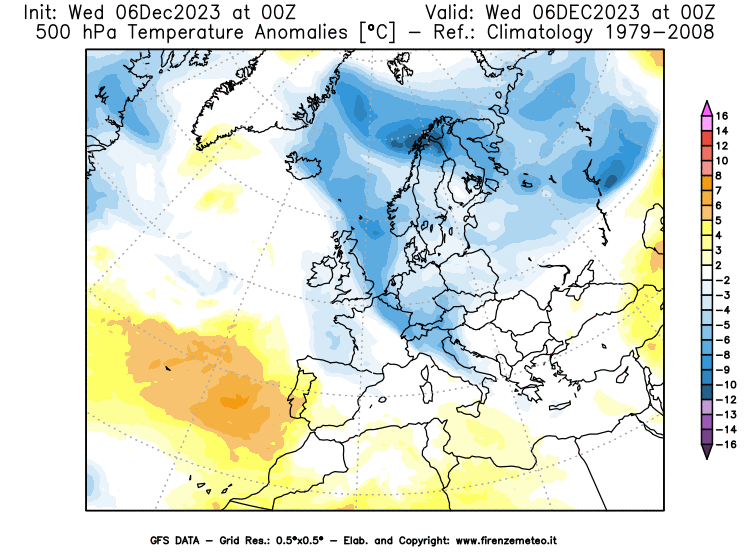Mappa di analisi GFS - Anomalia Temperatura a 500 hPa in Europa
							del 6 dicembre 2023 z00