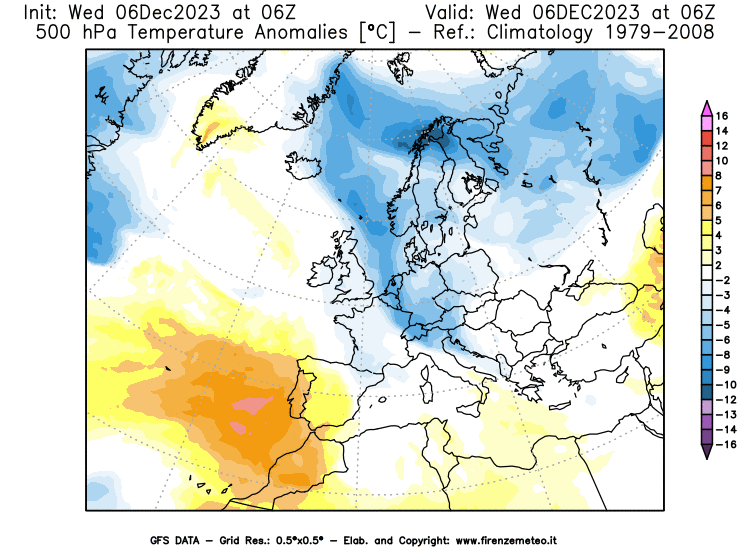 Mappa di analisi GFS - Anomalia Temperatura a 500 hPa in Europa
							del 6 dicembre 2023 z06
