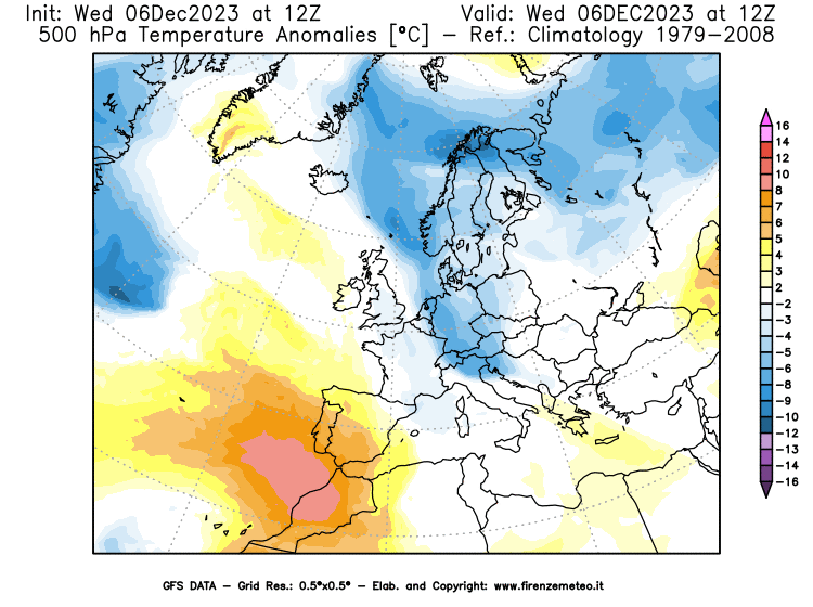 Mappa di analisi GFS - Anomalia Temperatura a 500 hPa in Europa
							del 6 dicembre 2023 z12