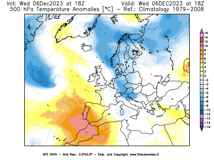 GFS analysi map - Temperature Anomalies at 500 hPa in Europe
									on December 6, 2023 H18