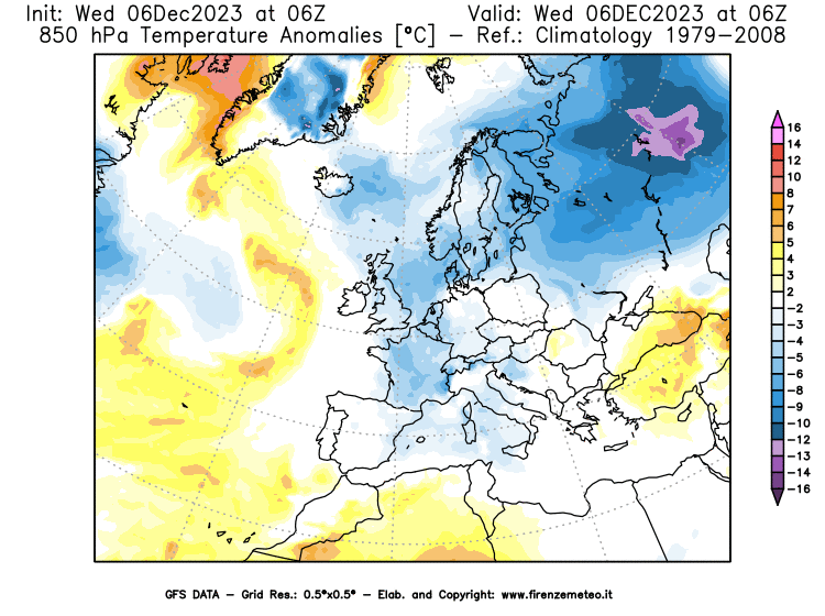 Mappa di analisi GFS - Anomalia Temperatura a 850 hPa in Europa
							del 6 dicembre 2023 z06
