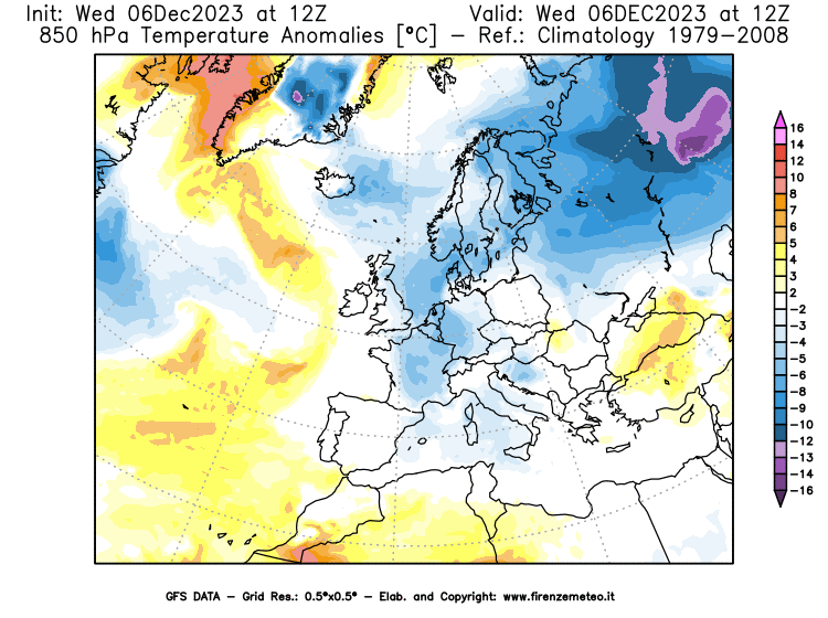 GFS analysi map - Temperature Anomalies at 850 hPa in Europe
									on December 6, 2023 H12