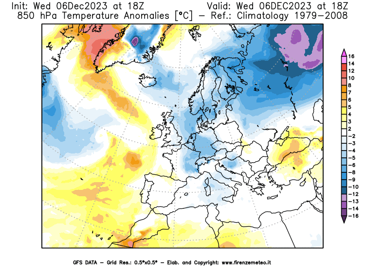 GFS analysi map - Temperature Anomalies at 850 hPa in Europe
									on December 6, 2023 H18