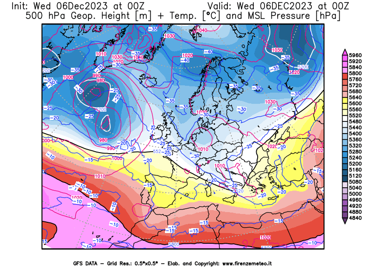 GFS analysi map - Geopotential + Temp. at 500 hPa + Sea Level Pressure in Europe
									on December 6, 2023 H00