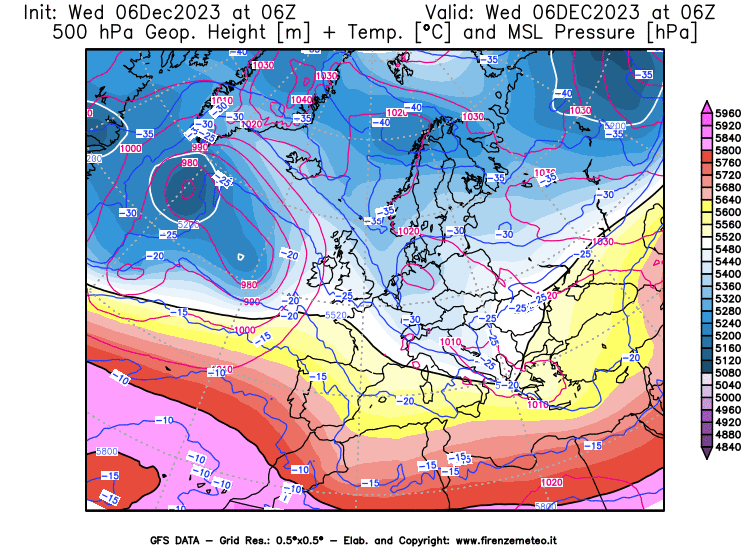 GFS analysi map - Geopotential + Temp. at 500 hPa + Sea Level Pressure in Europe
									on December 6, 2023 H06
