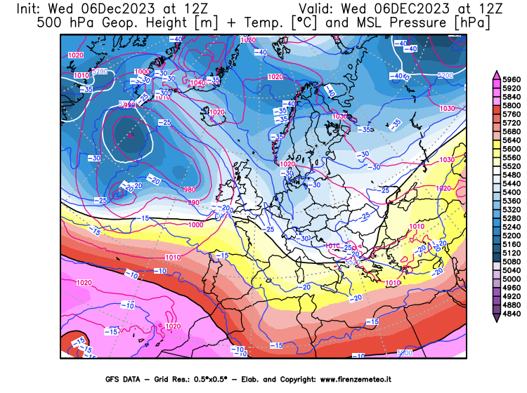 GFS analysi map - Geopotential + Temp. at 500 hPa + Sea Level Pressure in Europe
									on December 6, 2023 H12