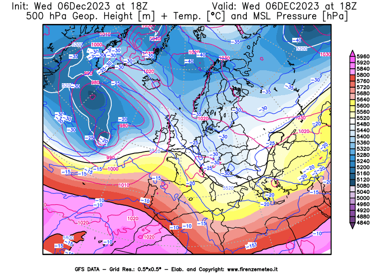 GFS analysi map - Geopotential + Temp. at 500 hPa + Sea Level Pressure in Europe
									on December 6, 2023 H18