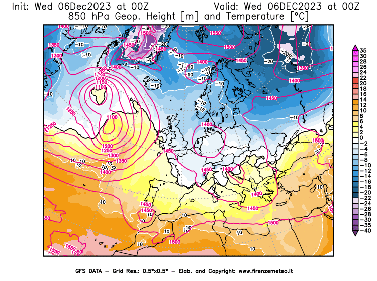 GFS analysi map - Geopotential and Temperature at 850 hPa in Europe
									on December 6, 2023 H00