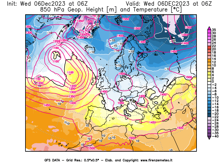 GFS analysi map - Geopotential and Temperature at 850 hPa in Europe
									on December 6, 2023 H06