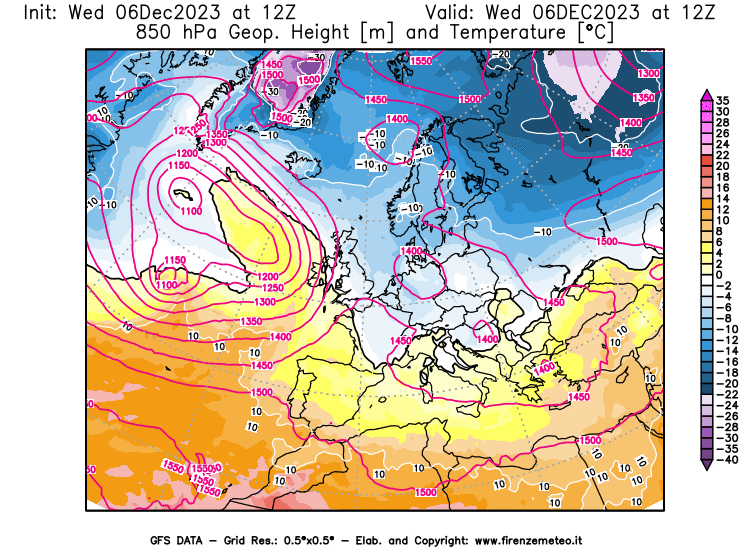 GFS analysi map - Geopotential and Temperature at 850 hPa in Europe
									on December 6, 2023 H12