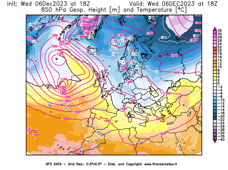 GFS analysi map - Geopotential and Temperature at 850 hPa in Europe
									on December 6, 2023 H18