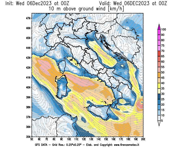 Mappa di analisi GFS - Velocità del vento a 10 metri dal suolo in Italia
							del 6 dicembre 2023 z00