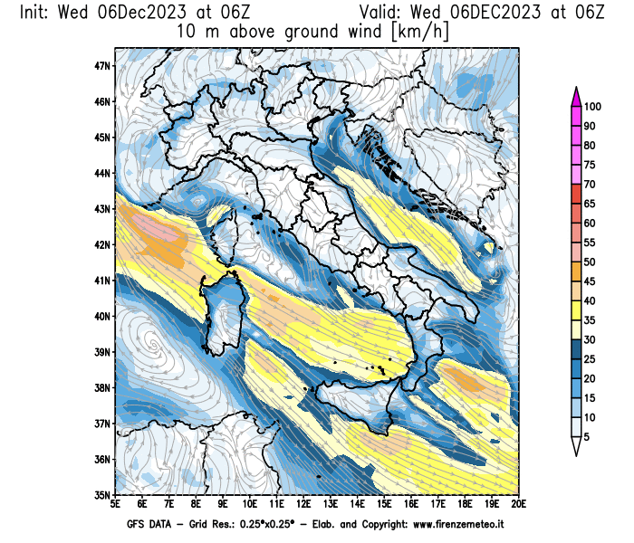 Mappa di analisi GFS - Velocità del vento a 10 metri dal suolo in Italia
							del 6 dicembre 2023 z06
