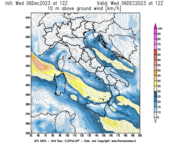 Mappa di analisi GFS - Velocità del vento a 10 metri dal suolo in Italia
							del 6 dicembre 2023 z12