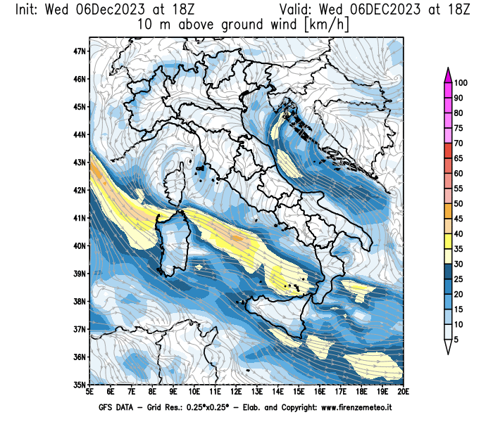 Mappa di analisi GFS - Velocità del vento a 10 metri dal suolo in Italia
							del 6 dicembre 2023 z18