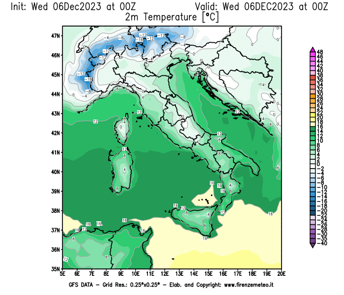 GFS analysi map - Temperature at 2 m above ground in Italy
									on December 6, 2023 H00