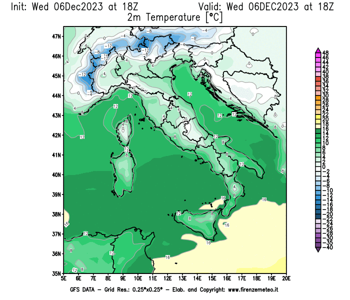GFS analysi map - Temperature at 2 m above ground in Italy
									on December 6, 2023 H18