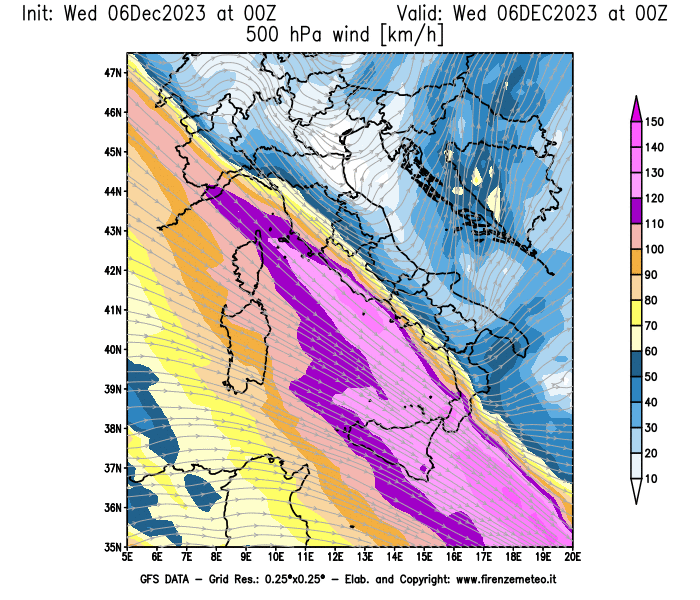 Mappa di analisi GFS - Velocità del vento a 500 hPa in Italia
							del 6 dicembre 2023 z00