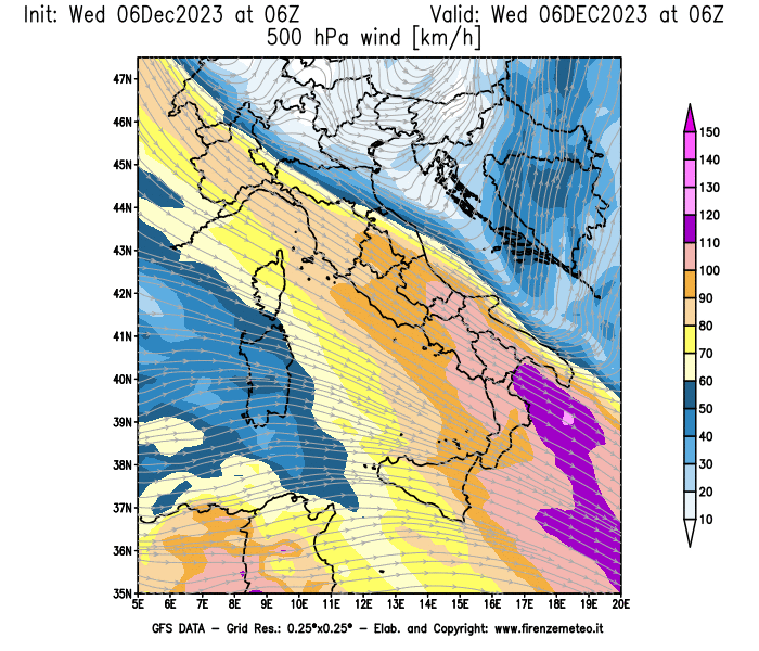 Mappa di analisi GFS - Velocità del vento a 500 hPa in Italia
							del 6 dicembre 2023 z06